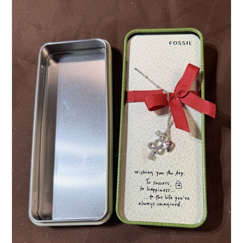 Vintage Fossil Necklace Key Heart Charms Pendants Gift Tin Box